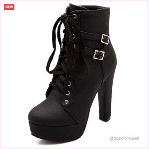 Platform Ankle Boots with Lace-Up Closure, Waterproof PU Leather